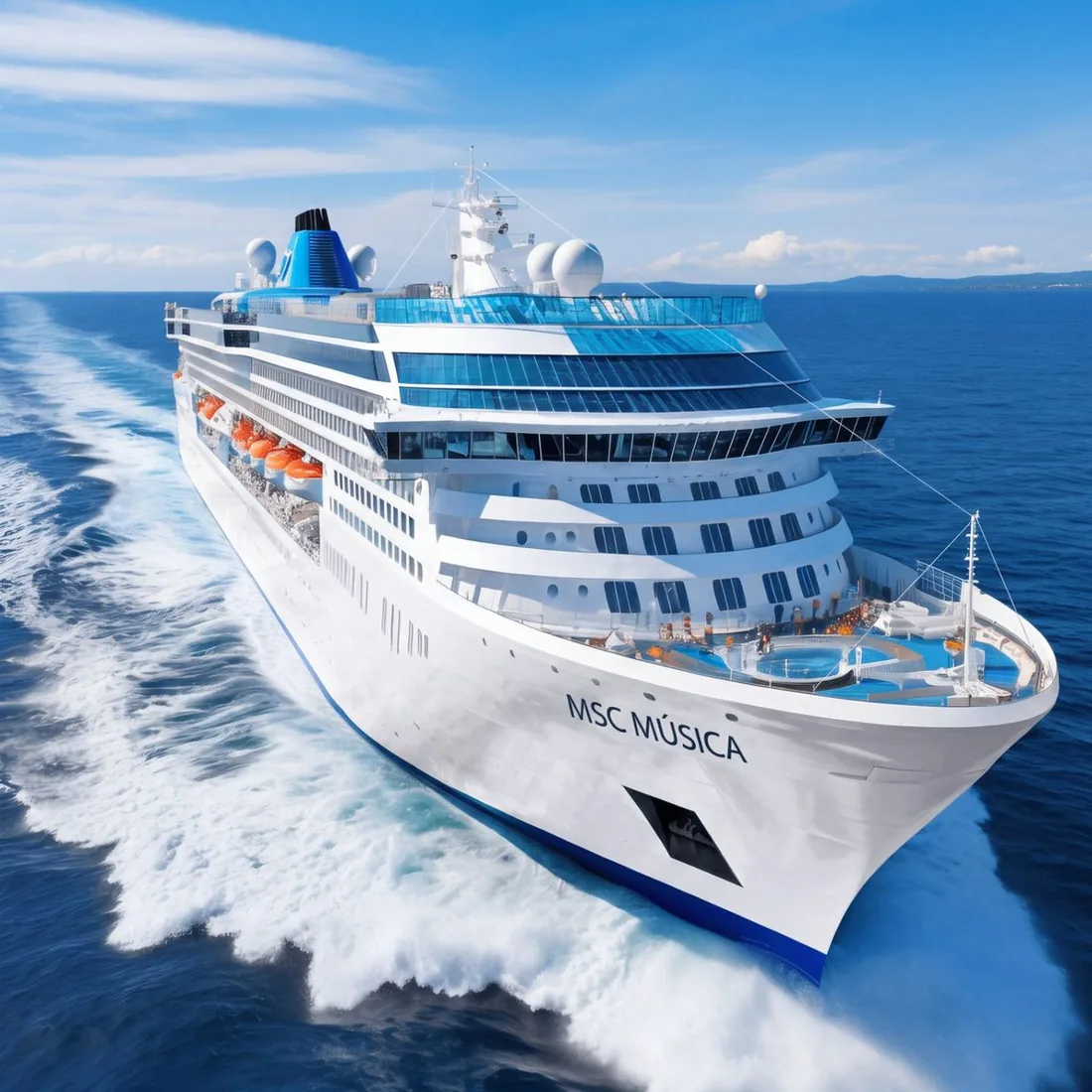 Navio de cruzeiro azul navegando em alto mar